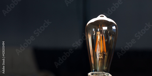 The table lamp shines in the dark. Wooden decorative lamp Edison. Night light in the dark.