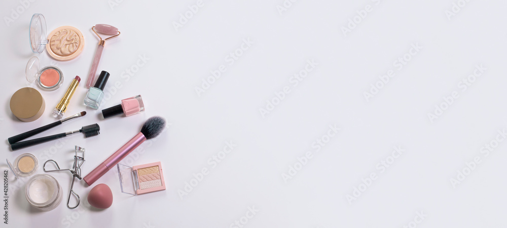 Beauty background with facial cosmetic, make-up products. Free space for text, copy space. Modern layout, top view, flat lay. Make up, skin care, beauty concept. Beauty background with facial cosmetic, make-up products. Free space for text, copy space. Modern layout, top view, flat lay. Make up, skin care, beauty concept.
