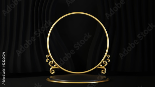 3d rendering of pedestal isolated on black background, gold frame, memorial board, abstract minimal concept, luxury minimalist mockup