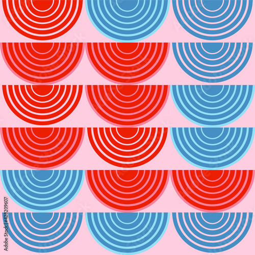 Seamless vector pattern in vintage style with regularly spaced semicircles of different colors. Good print for wrapping paper, packaging design, wallpaper, ceramic tiles, and textile.