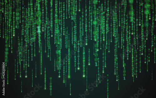 Matrix background. Binary code texture. Falling green numbers. Data visualization concept. Futuristic digital backdrop. One and zero digits. Computer screen template. Vector illustration