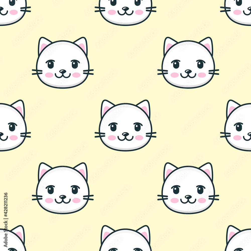 Seamless pattern with cute white cat faces