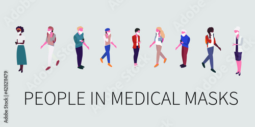 People in medical masks. isometric business people vector 3D set. Businessman and business woman, business clothes. 