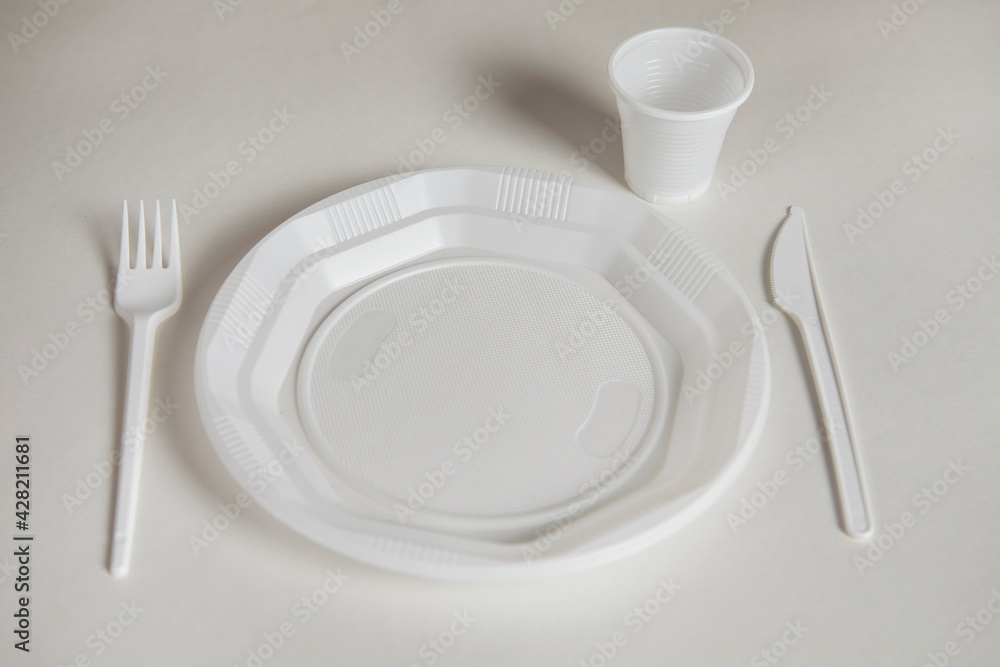 plastic plate with fork and cup
