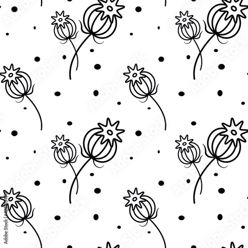 Black seamless pattern. Flowers, poppy pods and seeds in different sizes. Decorative print. White background. Botanical print. Vintage print. Grunge texture. Nature art. Decorative element.