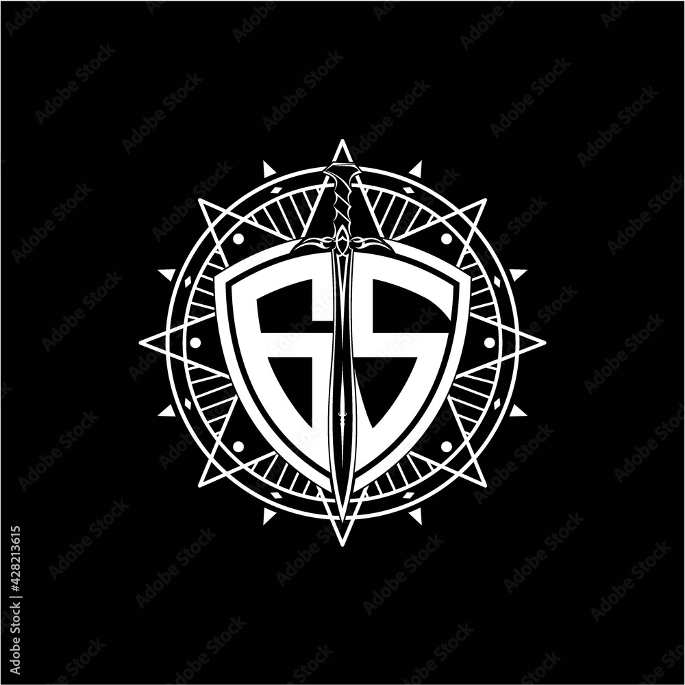 monogram initial letter GS with shield decorated with star ornament monogram initial letter GS with shield decorated with star ornament