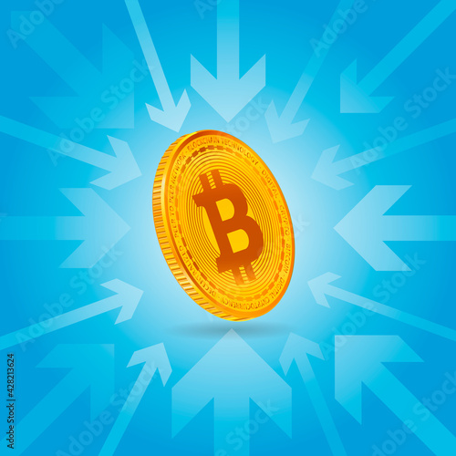 Bitcoin is the focus. The gold coin of the virtual crypto currency in the center is surrounded by arrows aimed at it. Arrows in a circle are directed to the center. Banner template