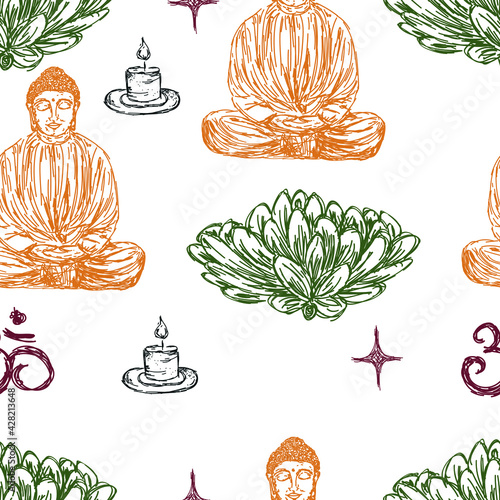 Colorful seamless pattern with buddha and decorative elements. Paisley. Indian style. Design for fabrics
