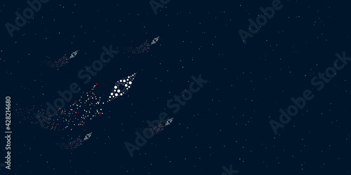 A compass symbol filled with dots flies through the stars leaving a trail behind. Four small symbols around. Empty space for text on the right. Vector illustration on dark blue background with stars