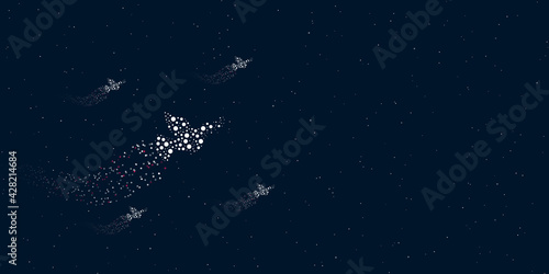 A dove of peace symbol filled with dots flies through the stars leaving a trail behind. There are four small symbols around. Vector illustration on dark blue background with stars
