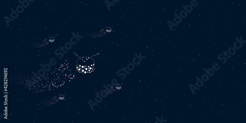 A drum symbol filled with dots flies through the stars leaving a trail behind. Four small symbols around. Empty space for text on the right. Vector illustration on dark blue background with stars