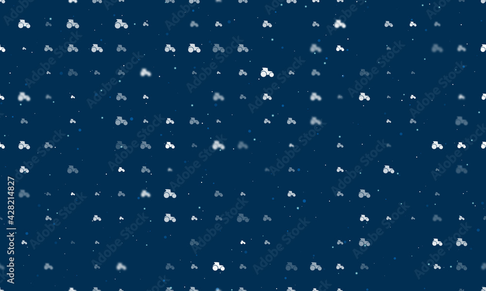 Seamless background pattern of evenly spaced white tractor symbols of different sizes and opacity. Vector illustration on dark blue background with stars