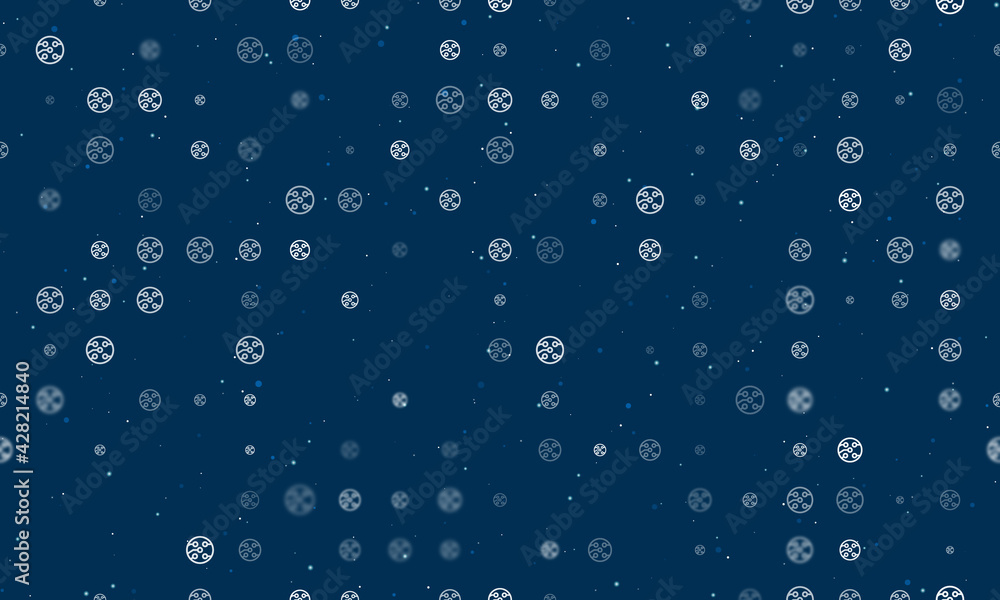 Seamless background pattern of evenly spaced white electrical board symbols of different sizes and opacity. Vector illustration on dark blue background with stars