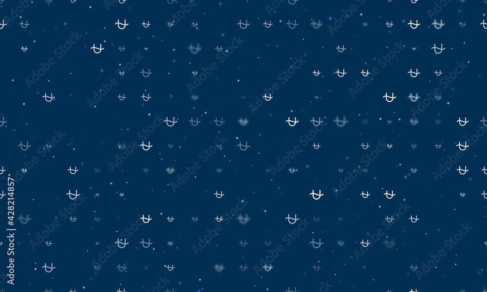 Seamless background pattern of evenly spaced white zodiac ophiuchus symbols of different sizes and opacity. Vector illustration on dark blue background with stars Seamless background pattern of evenly spaced white zodiac ophiuchus symbols of different sizes and opacity. Vector illustration on dark blue background with stars