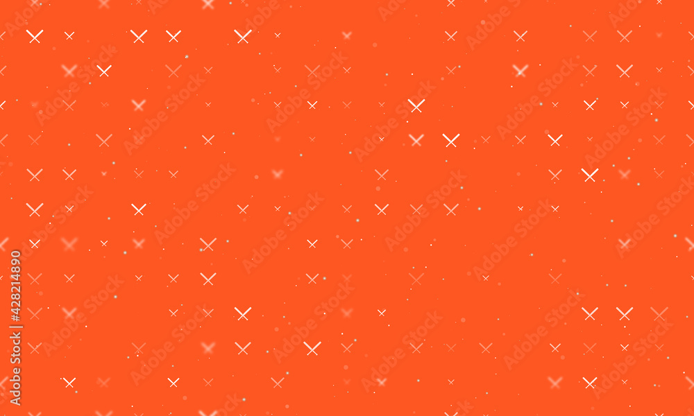 Seamless background pattern of evenly spaced white baseball bats symbols of different sizes and opacity. Vector illustration on deep orange background with stars Seamless background pattern of evenly spaced white baseball bats symbols of different sizes and opacity. Vector illustration on deep orange background with stars
