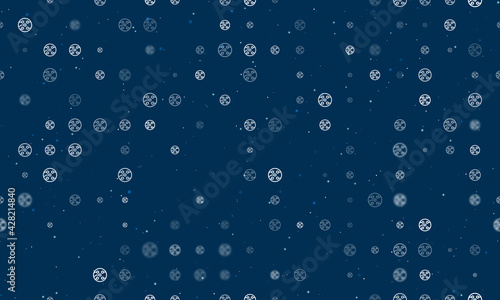 Seamless background pattern of evenly spaced white electrical board symbols of different sizes and opacity. Vector illustration on dark blue background with stars