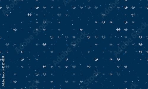 Seamless background pattern of evenly spaced white zodiac ophiuchus symbols of different sizes and opacity. Vector illustration on dark blue background with stars