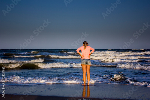 girl from the back on the shore of a wavy sea