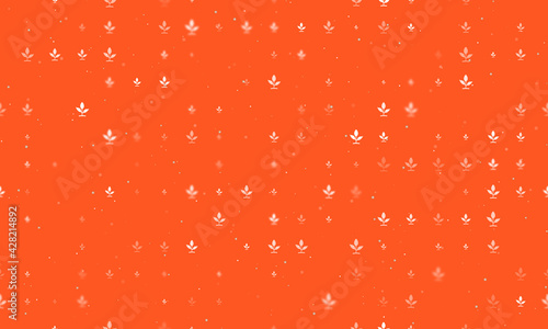 Seamless background pattern of evenly spaced white sprout symbols of different sizes and opacity. Vector illustration on deep orange background with stars