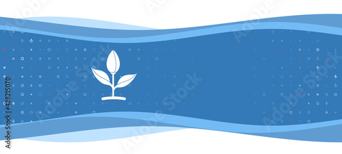 Blue wavy banner with a white sprout symbol on the left. On the background there are small white shapes, some are highlighted in red. There is an empty space for text on the right side © Alexey