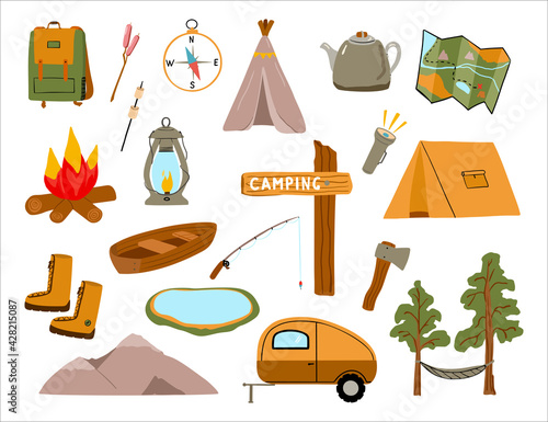 Set of camping equipment for hiking