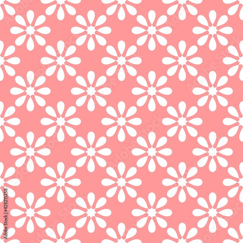 Seamless white and pink vector pattern with decorative tile print on pink background