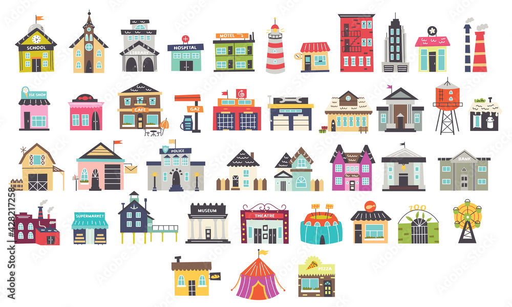 Set of vector cartoon children's buildings. Nursery design for the map  creator. Vector illustration Stock Vector | Adobe Stock
