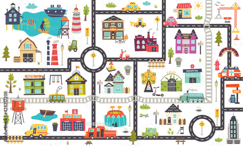 Horizontal children's map with roads, cars, buildings.Nursery design for posters, carpet, children's room. Vector illustration