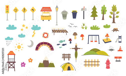 Set of decorative elements for children's map. Nursery design for the map creator. Vector illustration