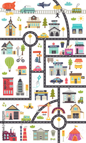 Vertical children's map with roads, cars, buildings.Nursery design for posters, carpet, children's room. Vector illustration