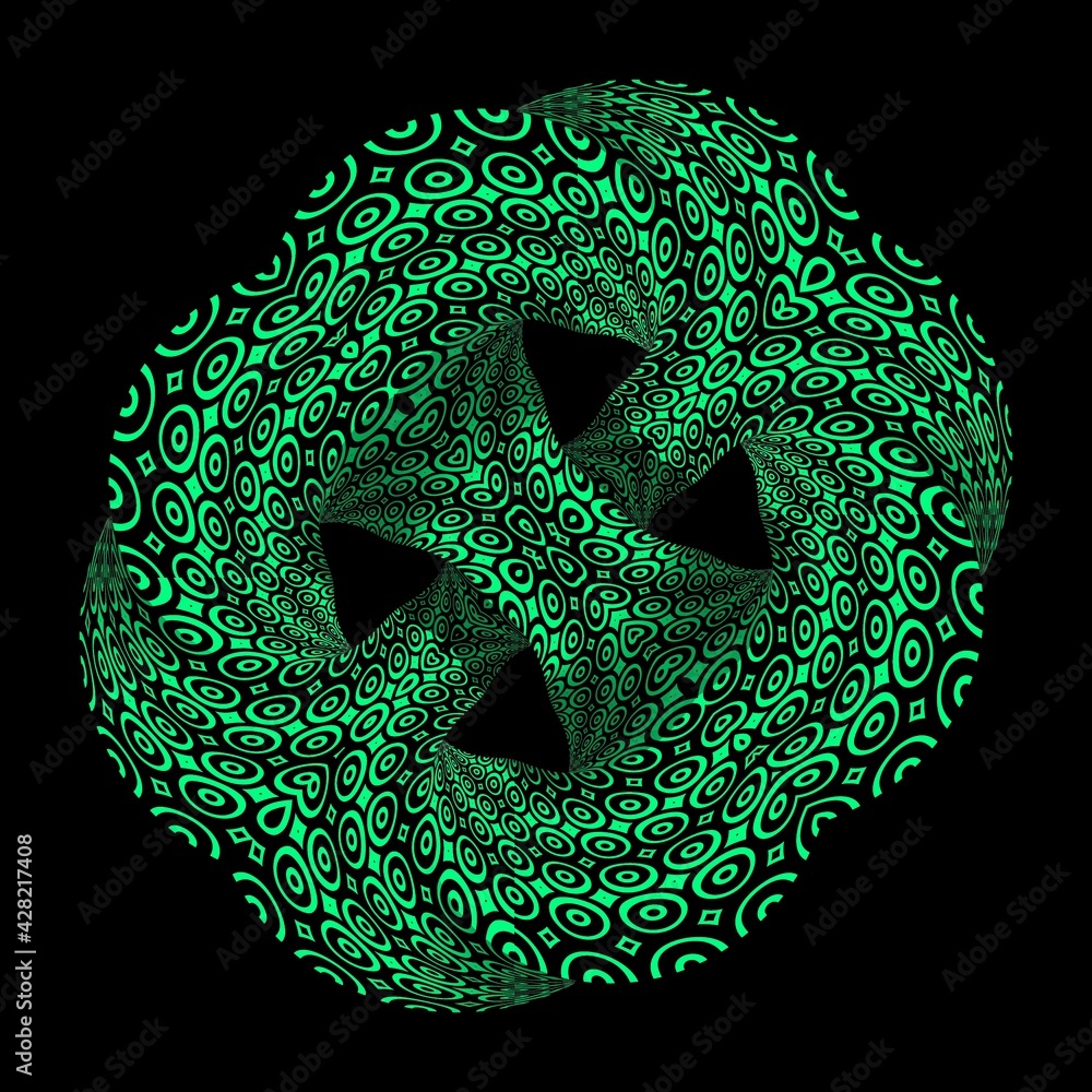 patterns and 3D linked designs based on a single low order mobius ring in shades of emerald green on a black background patterns and 3D linked designs based on a single low order mobius ring in shades of emerald green on a black background