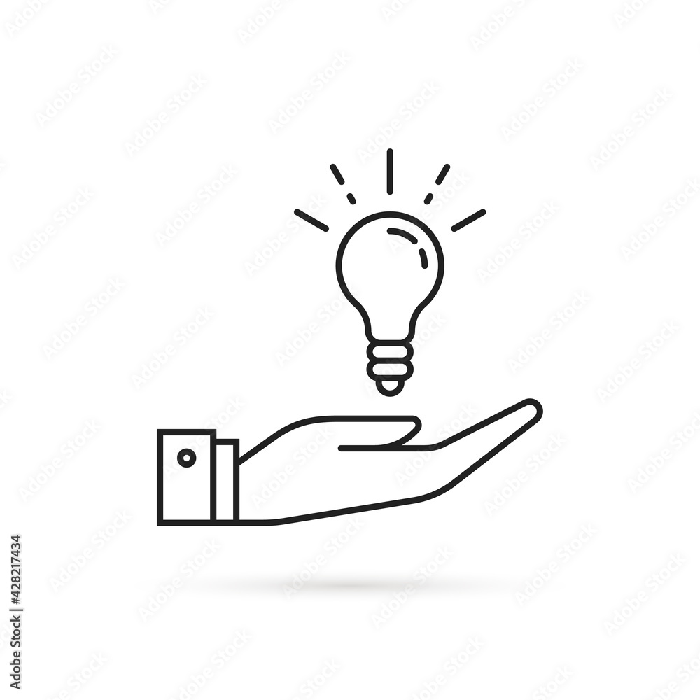 thin line hand holding bright light bulb thin line hand holding bright light bulb