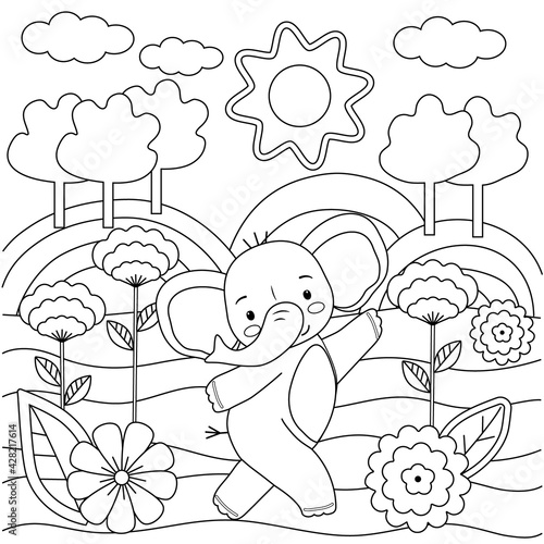Kids coloring book with cute elephant, trees and flowers. Simple shapes, contour for small children. Cartoon vector illustration