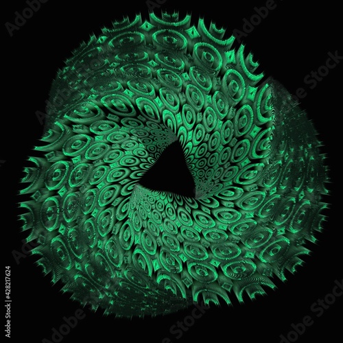 patterns and 3D designs based on a single low order mobius ring in shades of emerald green on a black background
