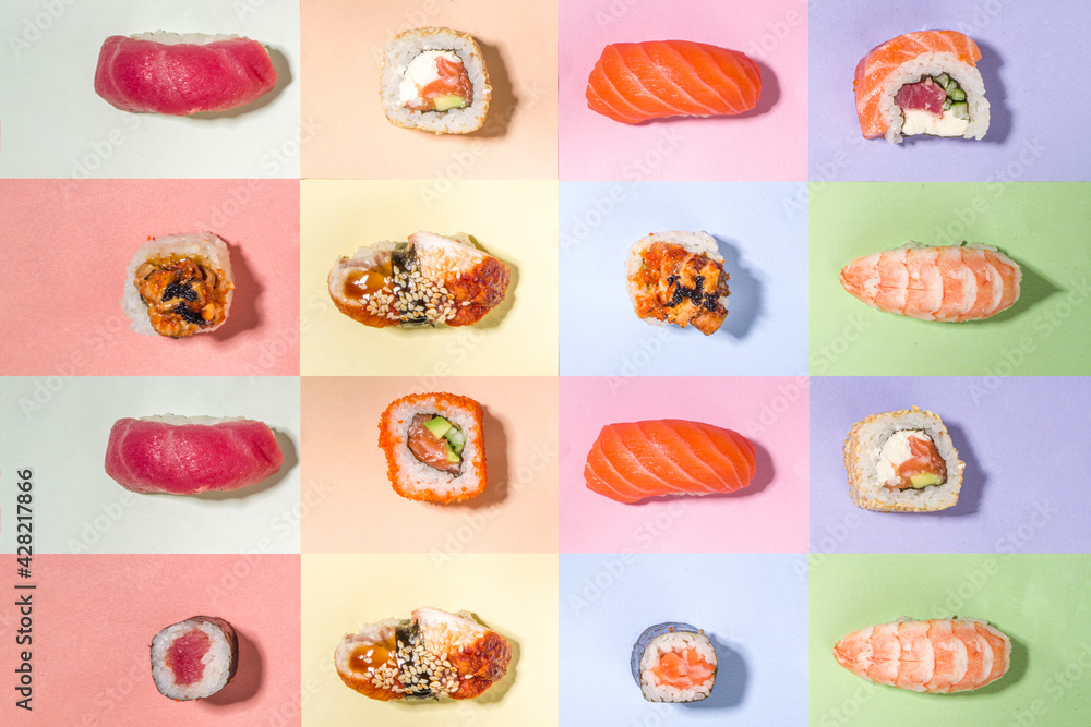 Sushi rolls set with rice and fish and chopsticks on various colorful bright backgrounds, trendy dark shadows flatlay Sushi rolls set with rice and fish and chopsticks on various colorful bright backgrounds, trendy dark shadows flatlay