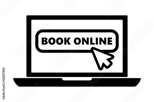 flat black laptop icon with arrow pointer or cursor mouse clicking on book online button linear icon. Concept of using screen mobile computer or search click mouse pre-booking hotel on website.