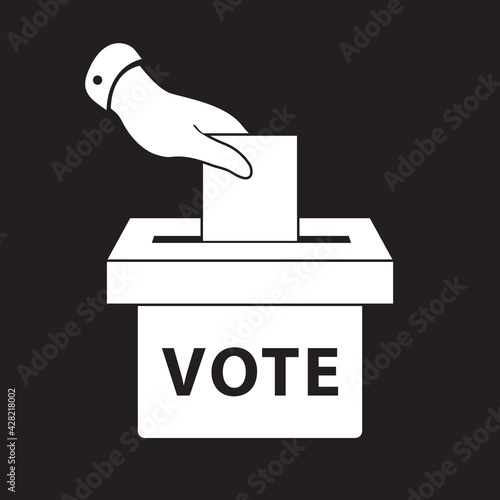  Flat hand putting vote bulletin into ballot box icon. Election concept