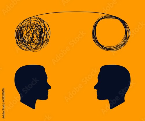 concept icon showing silhouette of human heads with tangled line outside. unraveling of tangled line. metaphor for  mentor or coach in problems business. concept of chaotic thought process, confusion