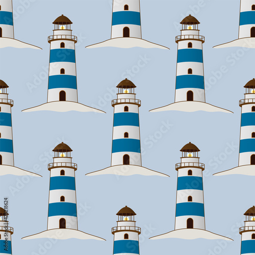 Classic lighthouse vector illustration. Blue beacon seamless pattern. Marine navigation building.