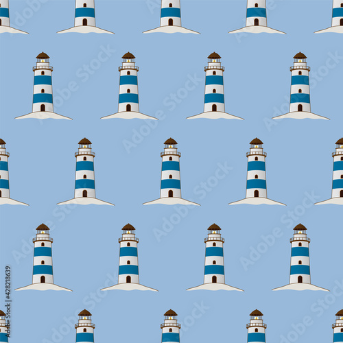Classic lighthouse vector illustration. Blue beacon seamless pattern. Marine navigation building.