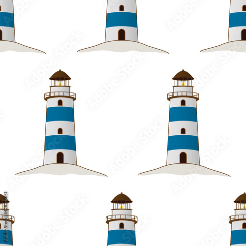 Classic lighthouse vector illustration. Blue beacon seamless pattern. Marine navigation building.