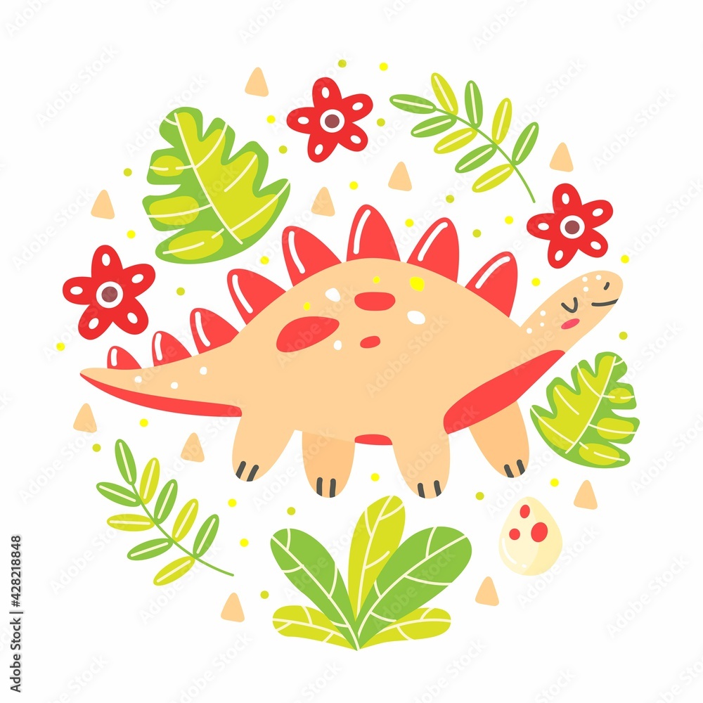 Set with dinosaur stegosaurus with leaves in cartoon style. Dinosaur, leaves, flowers in circle shape. Vector illustration isolated on white background. Set with dinosaur stegosaurus with leaves in cartoon style. Dinosaur, leaves, flowers in circle shape. Vector illustration isolated on white background.