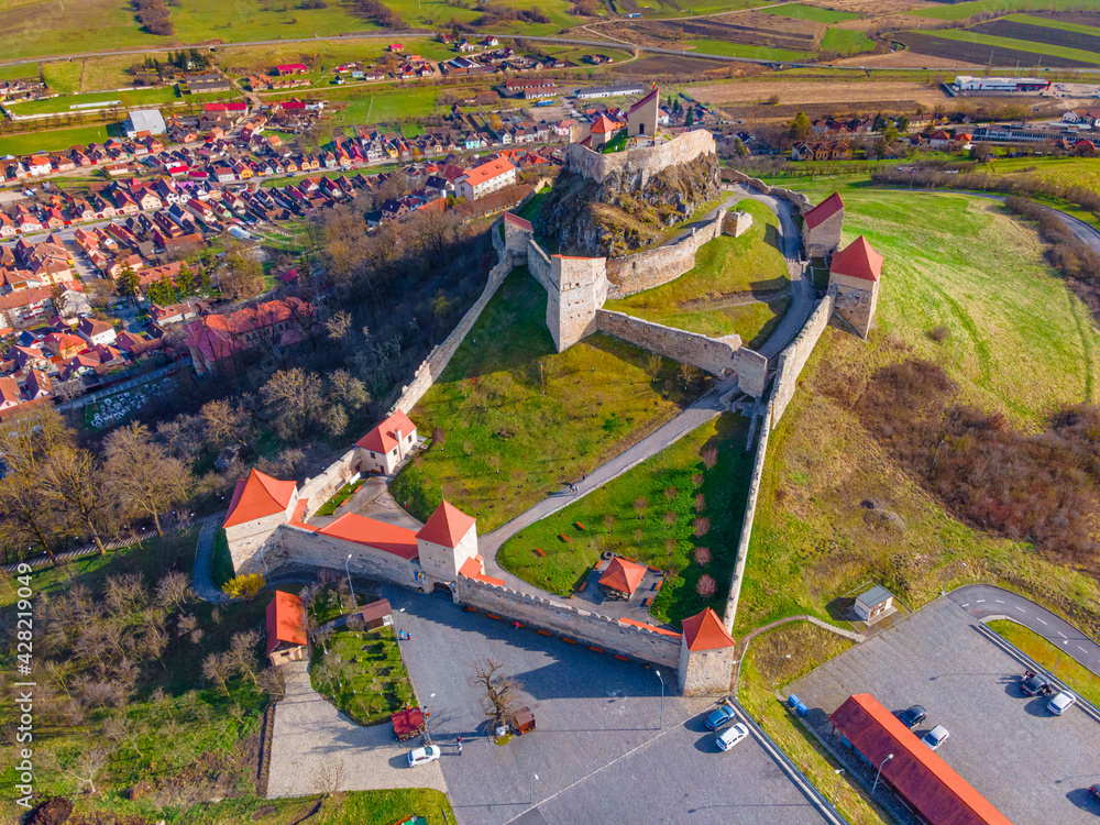 Aerial view of medieval fortress of Rupea, Romania.