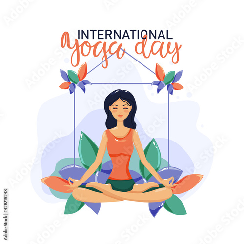 Illustration of international yoga day, 21 june yoga body posture, Woman practicing yoga.Vector illustration.