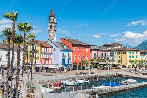 Ascona town and lake Maggiore, Switzerland. colorful houses on the lake. Architecture and landmarks of Ascona, Ascona postcard 