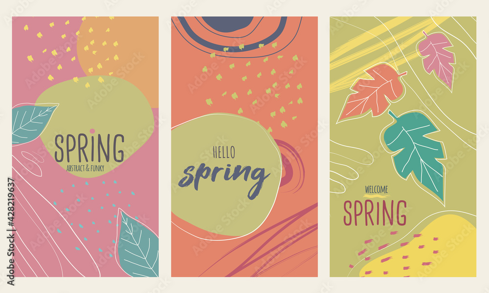 Happy spring stories background set, colorful and vectored. Flat and lined style with nature, geometric and other abstract elements in hand drawn style. Suitable for social media, post cards or ads.