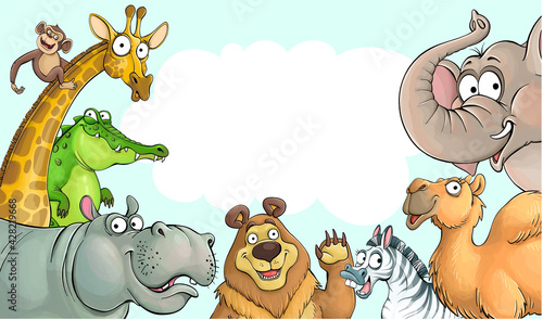 Vector illustration of funny cartoon animals with speech bubble on a blue background. Colorful giraffe, elephant, hippo, monkey, camel, bear, crocodile, zebra.