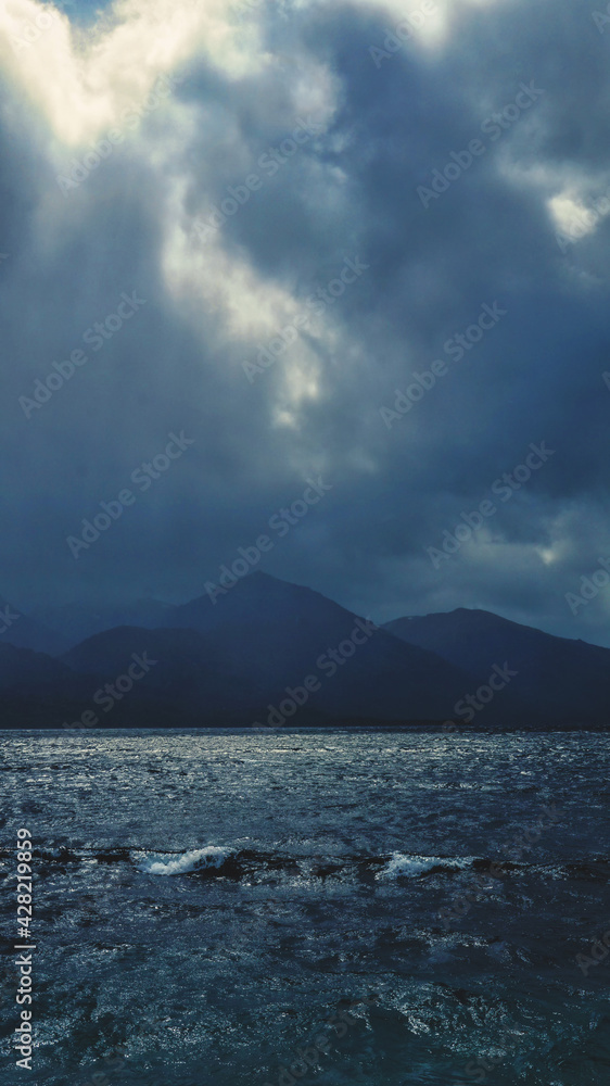 Landscape of lake Meliquina on a stormy morning. San Martin de los Andes, Neuquen