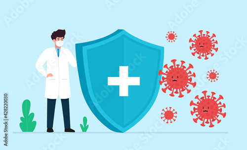 Doctor holding protection shield from coronavirus attack. Immune system concept. Vector illustration fight covid-19 corona virus.