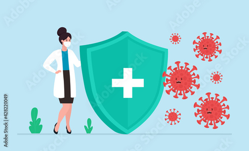 Nurse holding protection shield from virus attack. Immune system concept. Vector illustration fight covid-19 corona virus.
